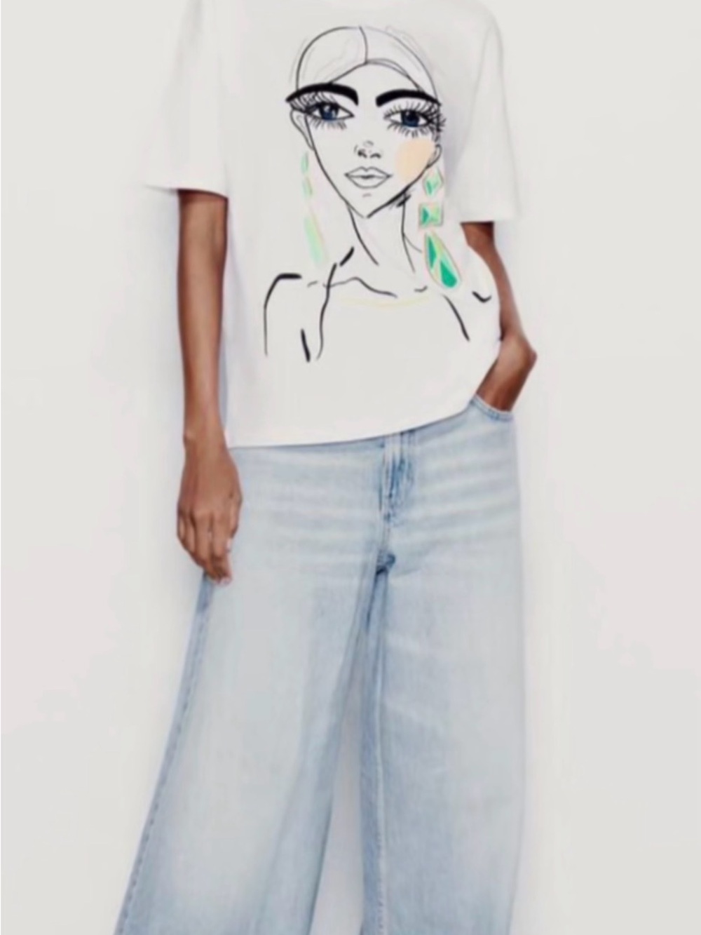 Zara Womens Graphic Tee Girl Print T-Shirt Loose Fit White Sz S - Picture 5 of 5